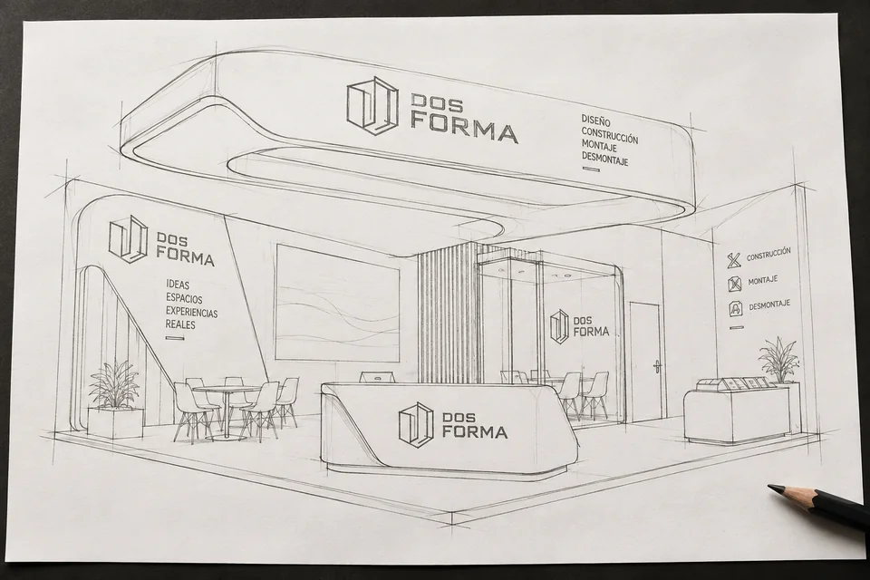 Boceto a lápiz del mismo stand DOS FORMA
