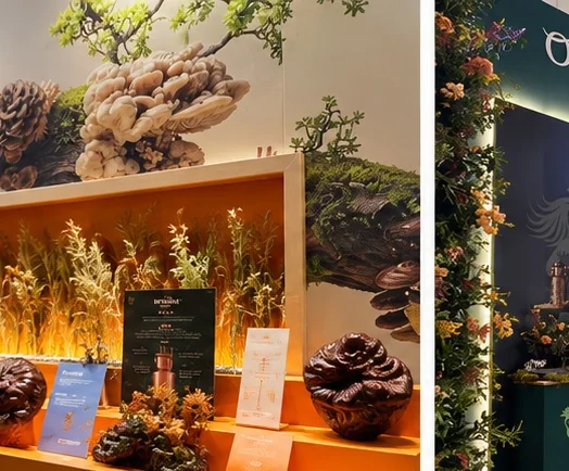 Detalle de gráfica, producto y exposición iluminada con vegetación